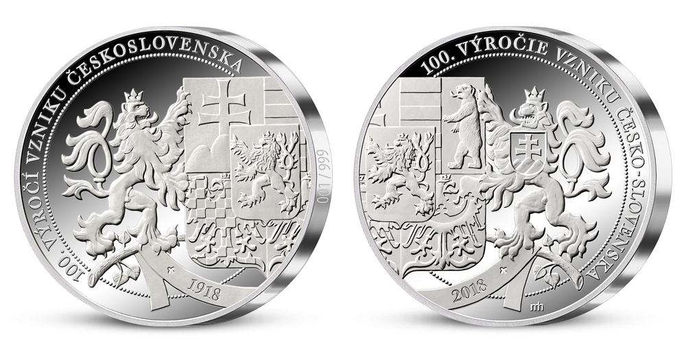 Stříbrná výroční medaile vyražená v den 100. výročí vzniku Československa 