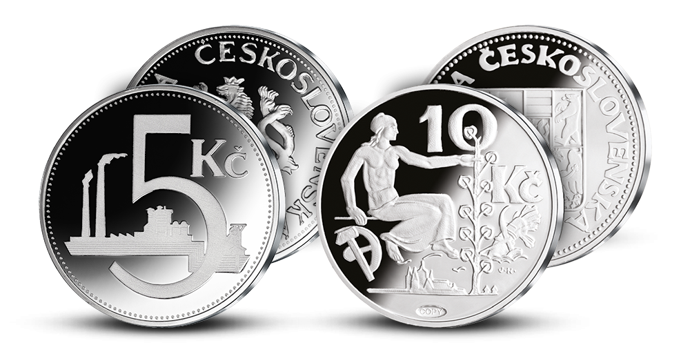 Repliky originálních československých mincí - desetikoruna z roku 1933 a pětikoruna z roku 1937.