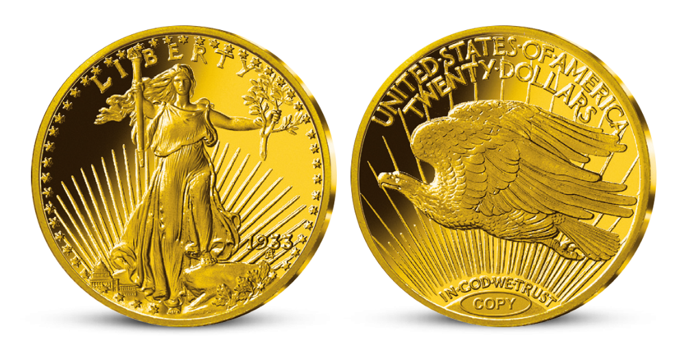 Replika Double Eagle 1933 plátovaná ryzím zlatem 