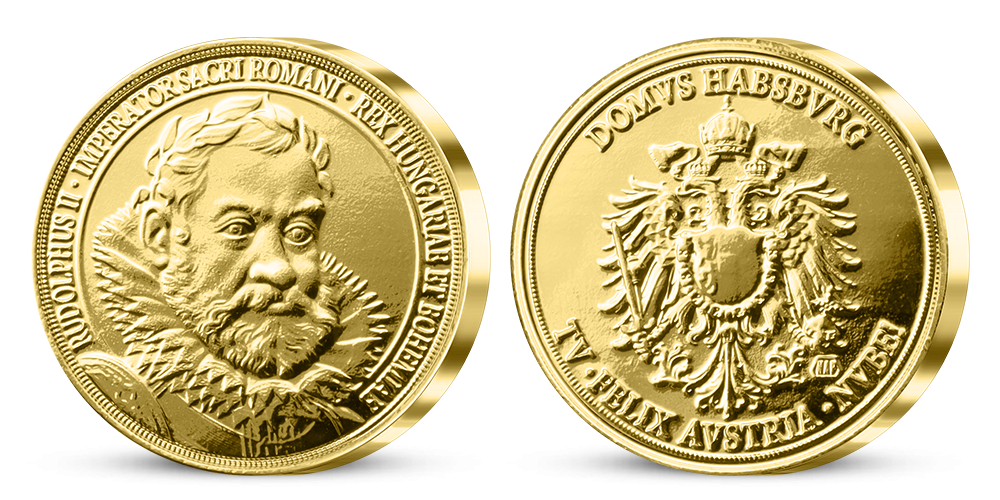 Římský císař a český král Rudolf II. na pamětní medaili zušlechtěné ryzím zlatem 999/1000 Římský císař a český král Rudolf II. na pamětní medaili zušlechtěné ryzím zlatem 999/1000