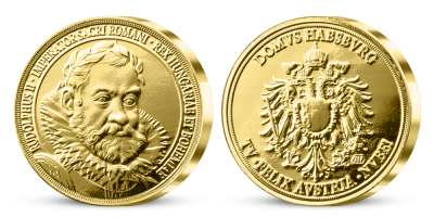 Rudolf II. Habsburský na pamětní medaili zušlechtěné ryzím zlatem