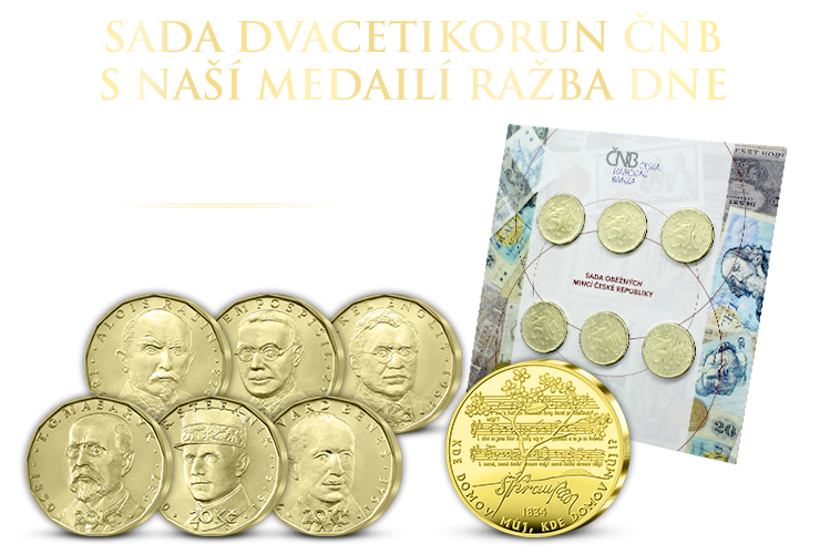 Sada 20 Kč mincí ČNB & Pamětní medaile Česká hymna