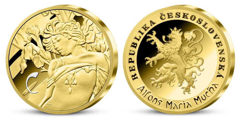 Alfons Mucha - sada pamětních medailí zušlechtěných ryzím zlatem - Kosatec