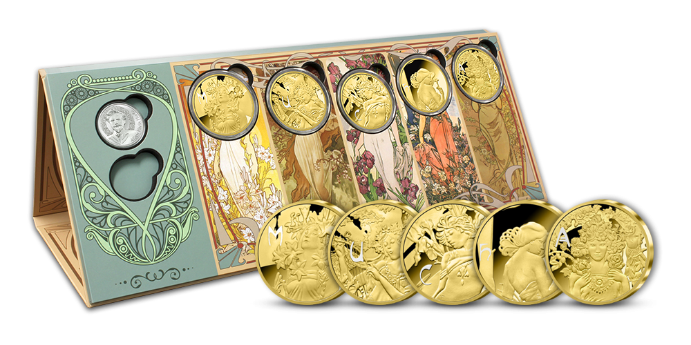Alfons Mucha - sada pamětních medailí zušlechtěných ryzím zlatem