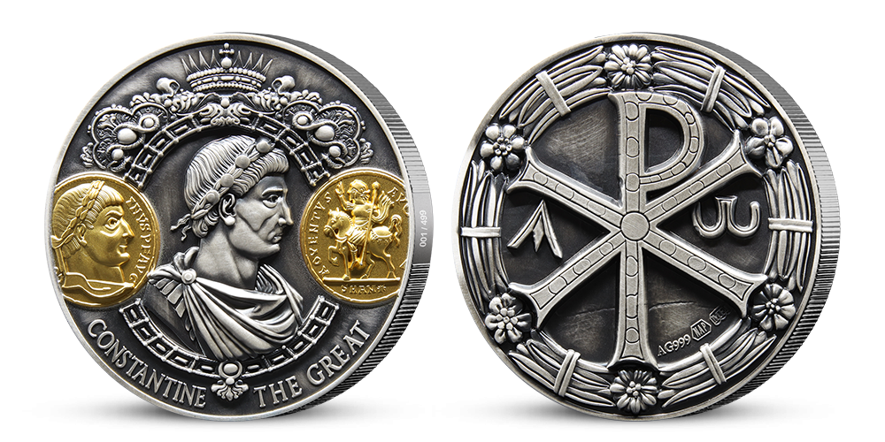 Fascinující stříbrná medaile Konstantin Veliký s impresívním vysokým reliéfem