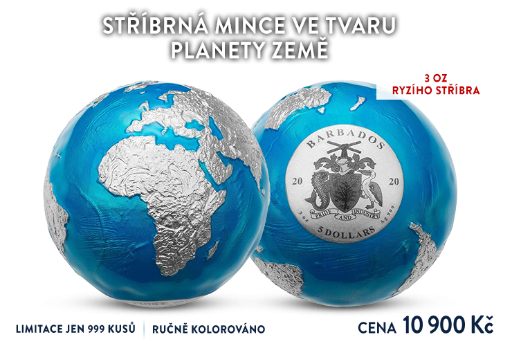 Stříbrná mince ve tvaru planety Země