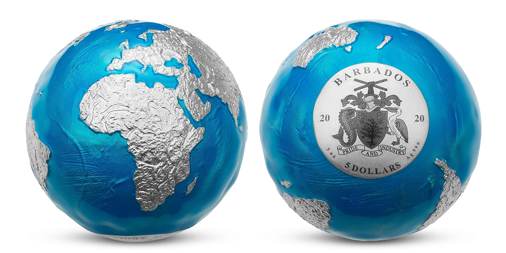 Stříbrná mince ve tvaru planety Země