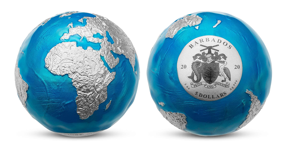 Stříbrná mince ve tvaru planety Země Stříbrná mince ve tvaru planety Země
