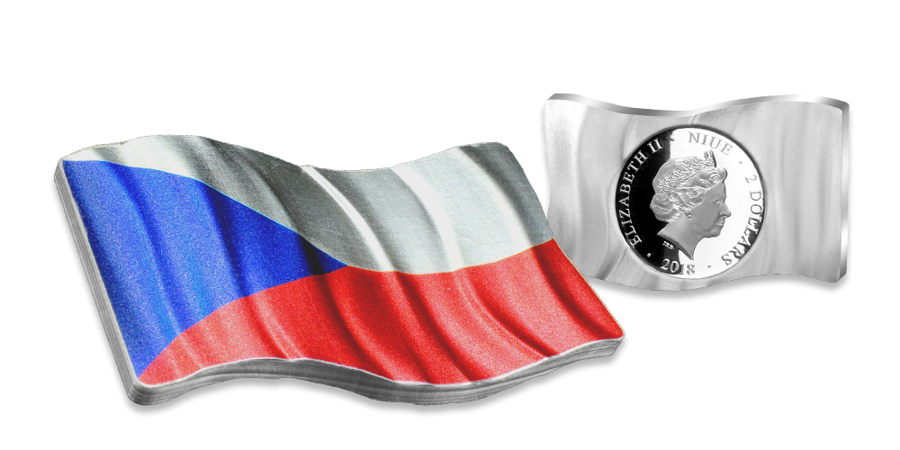 Stříbrná mince s vlajkou Československa v jedné unci ryzího stříbra. Avers. Stříbrná mince s vlajkou Československa v jedné unci ryzího stříbra. Avers.