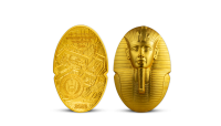 Stříbrná mince ve tvaru Tutanchamonovy masky zušlechtěná ryzím zlatem