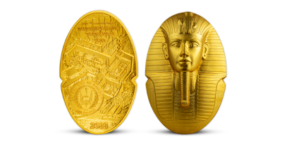 Tutankhamun stříbrná mince ve tvaru Tutanchamonovy masky 