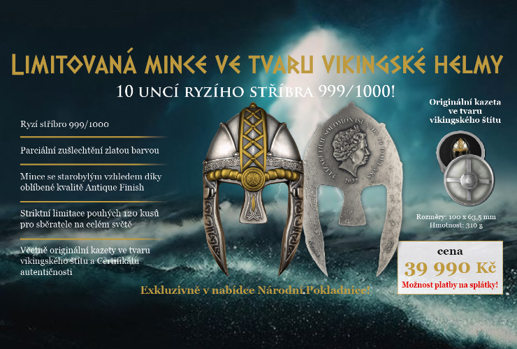 Stříbrná mince ve tvaru vikingské helmy 