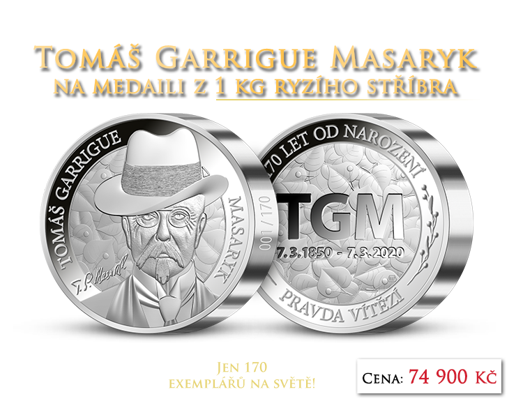 T. G. Masaryk na medaili z 1 kilogramu ryzího stříbra 