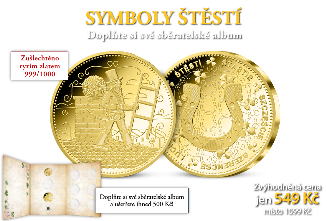 Symboly &scaron;těst&iacute; na medail&iacute;ch zu&scaron;lechtěn&yacute;ch ryz&iacute;m zlatem