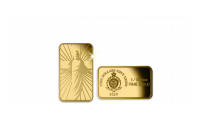 Zlatá mince ve tvaru cihličky vyobrazující Ježíše Krista
