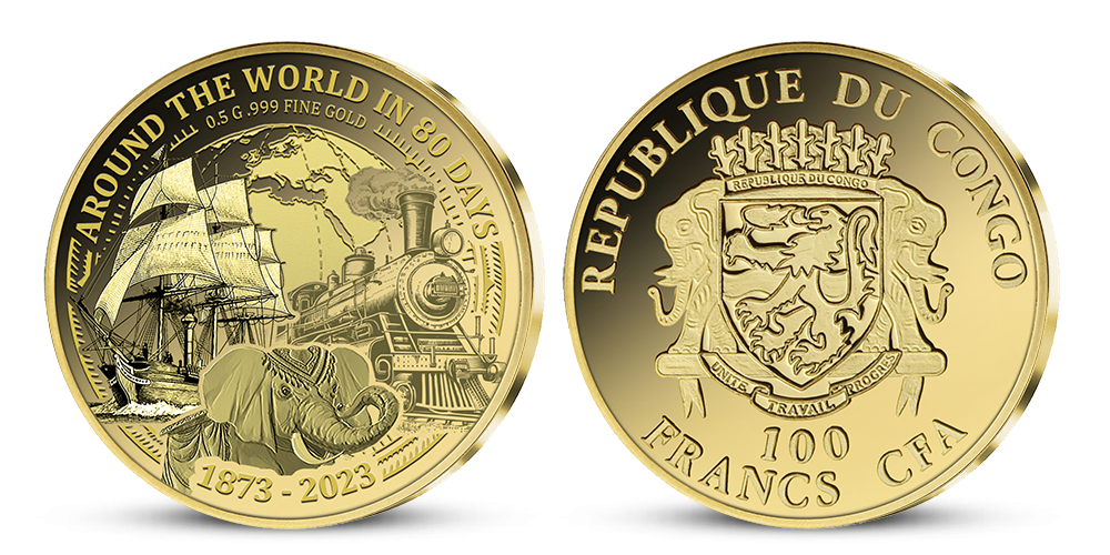 Mince z ryzího zlata oslavující příběh Cesty kolem světa za 80 dní