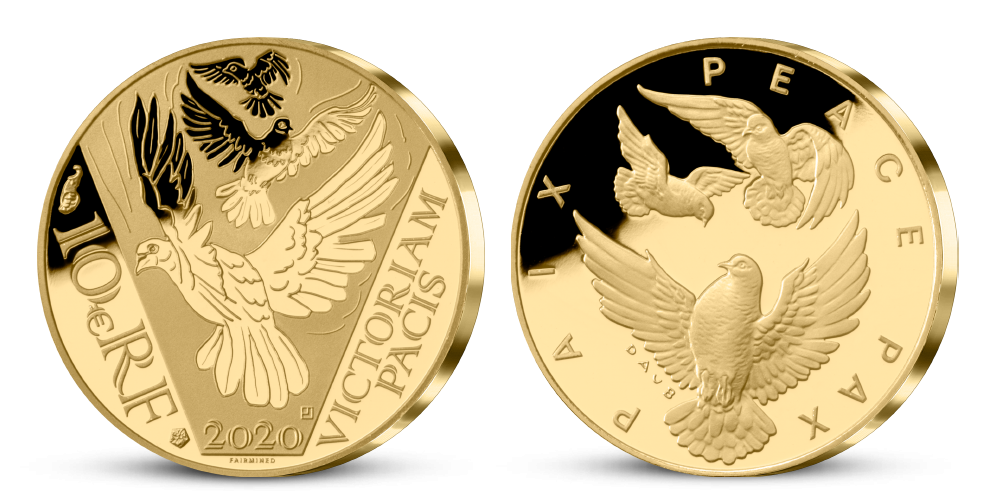Zlaté holubice míru na minci z certifikovaného zlata