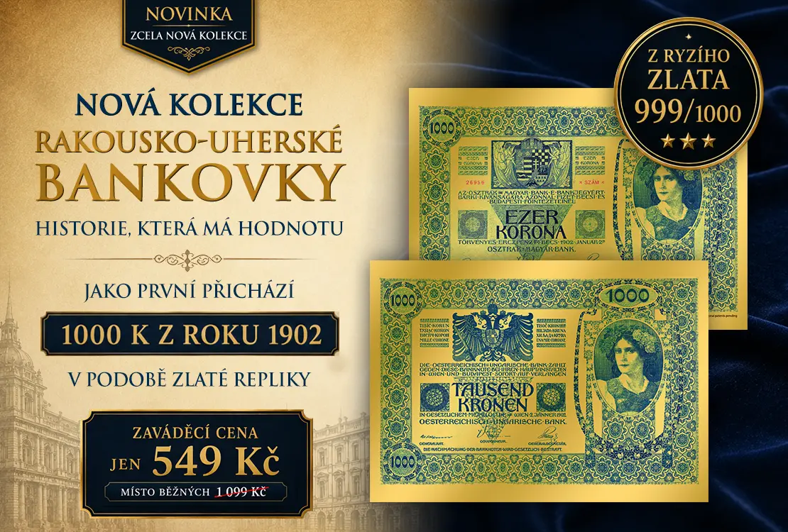 Zlat&aacute; replika slavn&eacute; bankovky 1000 K z roku 1902 z ryz&iacute;ho zlata 999/1000