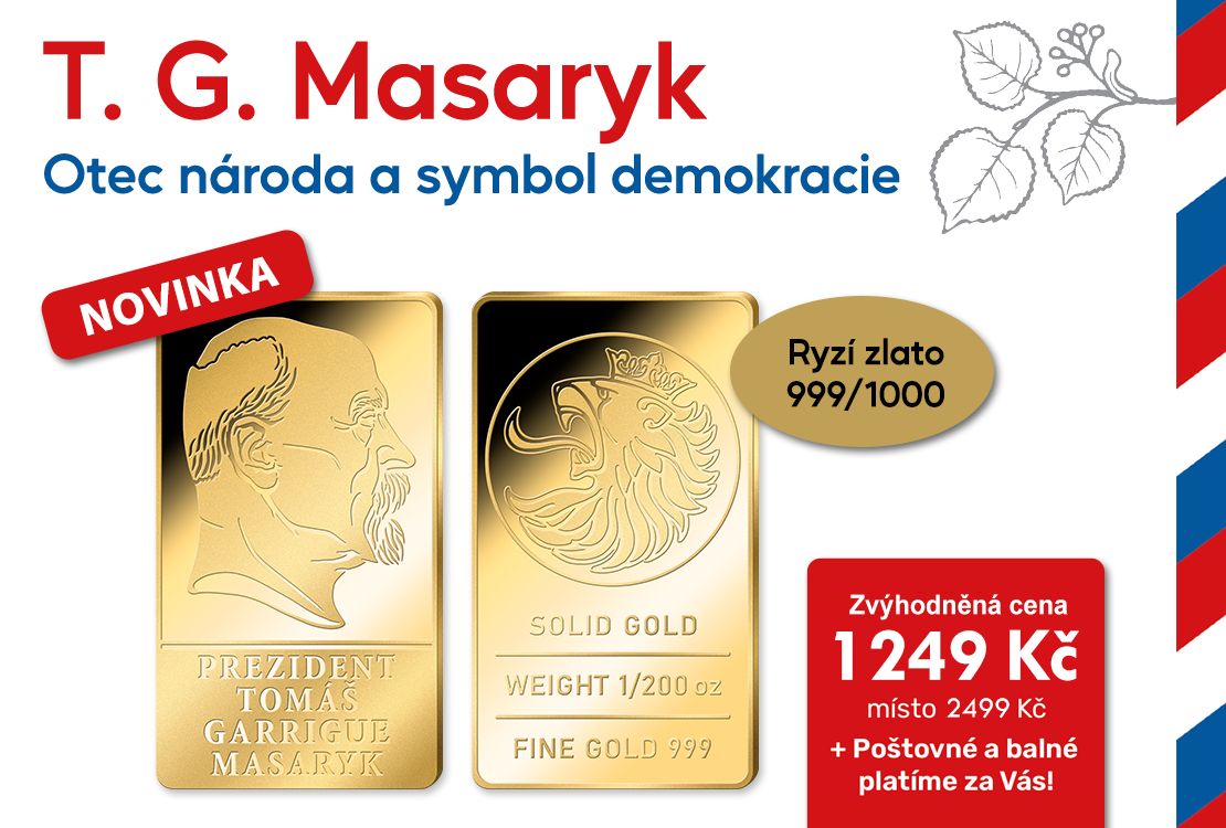 T. G. Masaryk na cihličce z ryz&iacute;ho zlata 999/1000