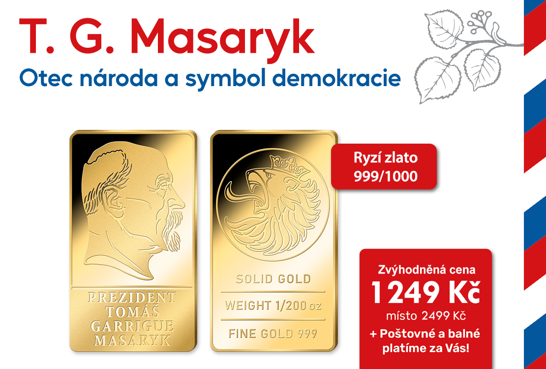 T. G. Masaryk na cihličce z ryz&iacute;ho zlata 999/1000