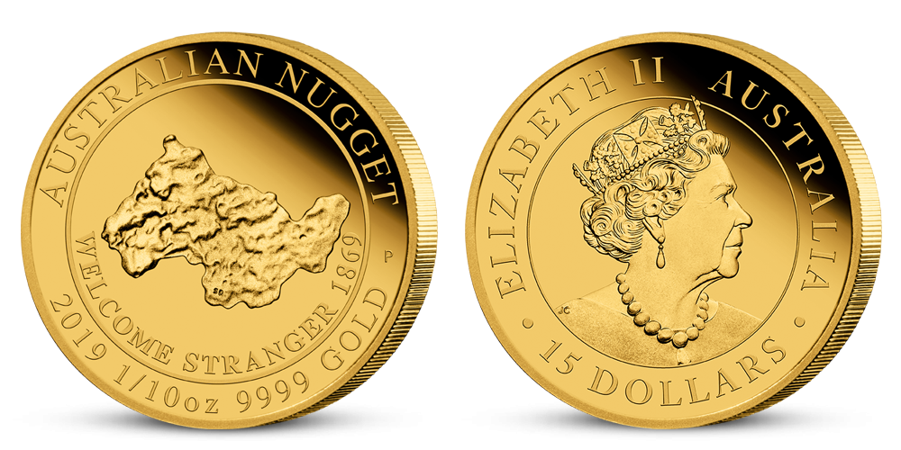 Australský zlatý valoun na minci z ryzího zlata