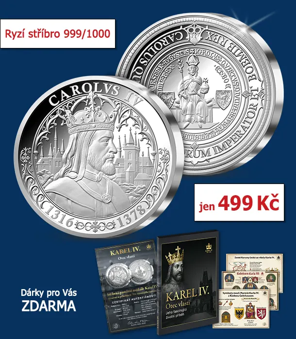 Pamětní medaile Karel IV. z ryzího stříbra 999/1000. Poštovné a balné 129 Kč.