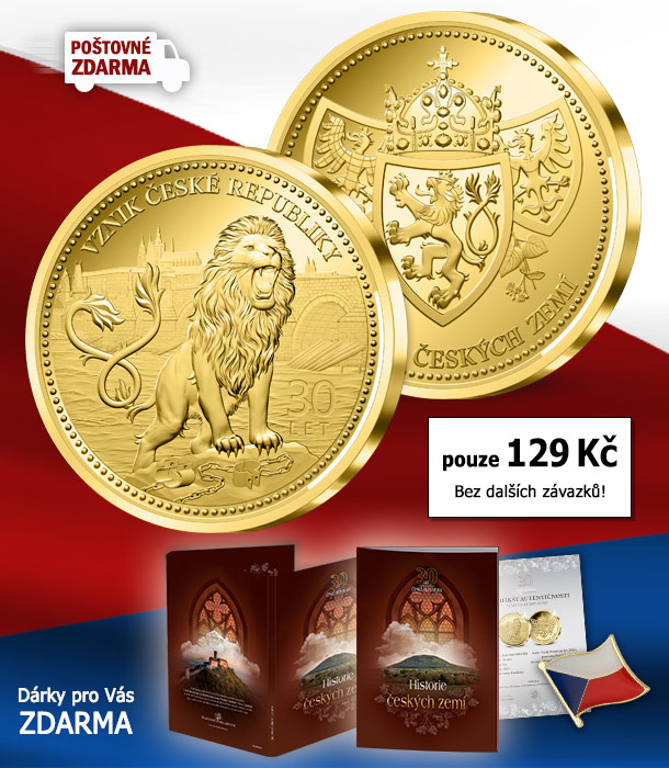 Pamětní medaile 30. výročí vzniku České republiky zušlechtěná ryzím zlatem 999/1000